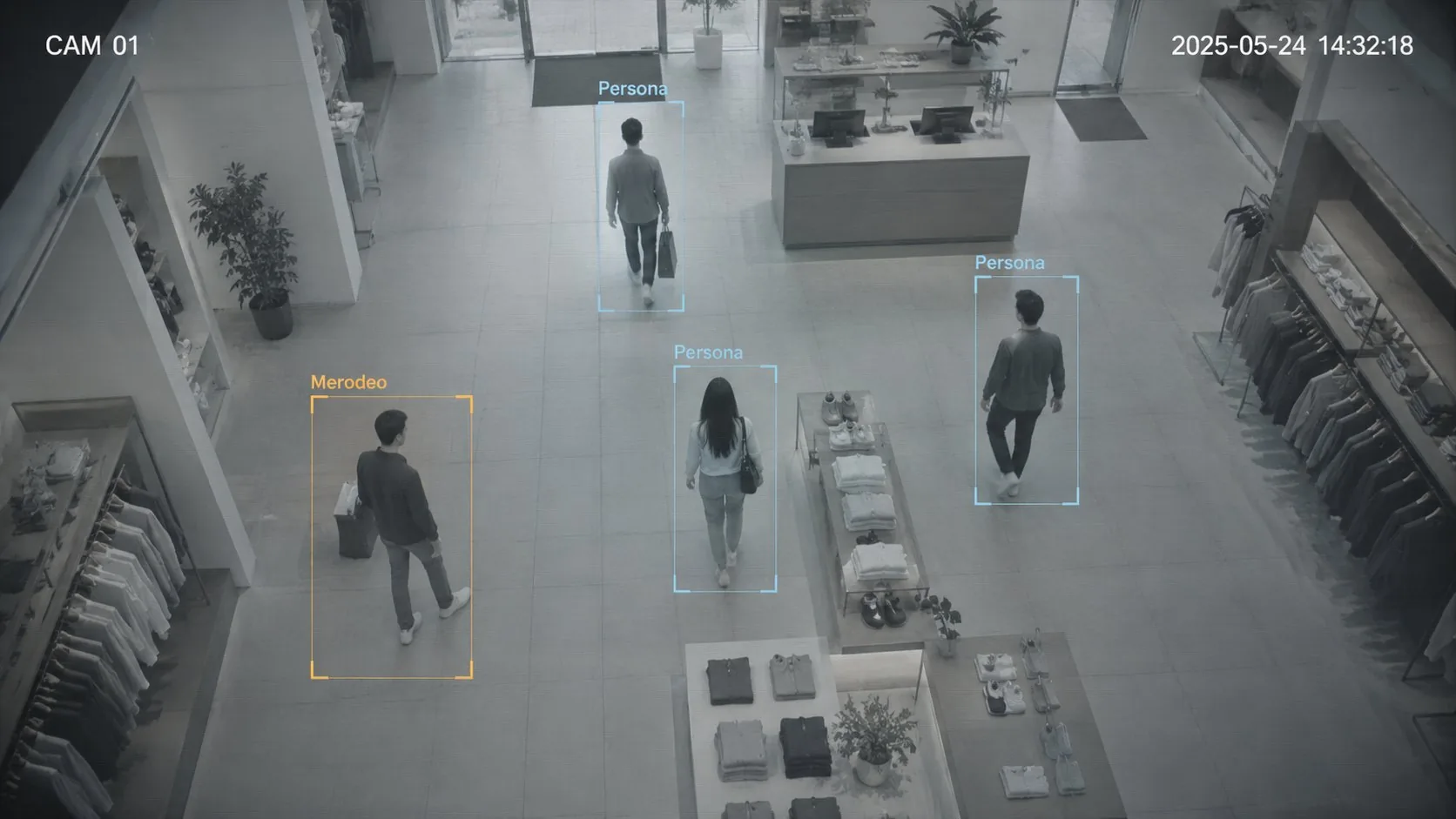 Vista de cámara de seguridad con detección de personas por IA: tres personas etiquetadas como Persona y una marcada en ámbar como Merodeo